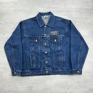 Vintage 90s Senor Frogs Denim Jacket Size 40 Blue Cigars Trucker Button Up Patch